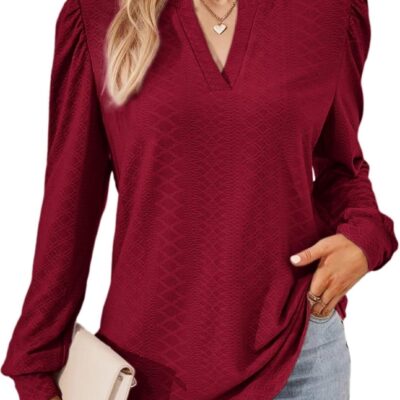 Dokotoo Womens Spring Fashion 2025 Long Sleeve Tops Dressy Casual Blouses Trendy V Neck Puff Sleeve Shirts Business Outfits