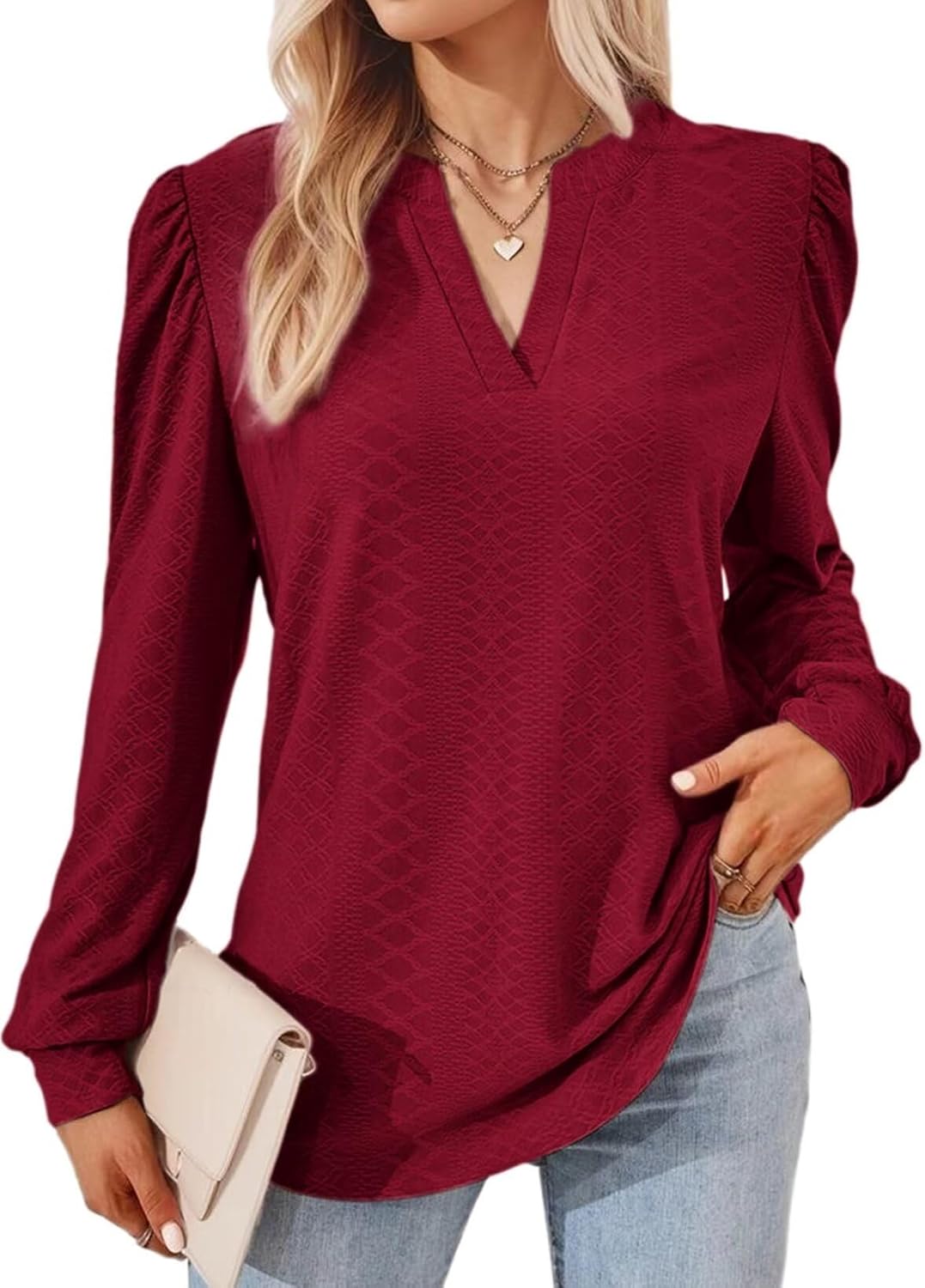 Dokotoo Womens Spring Fashion 2025 Long Sleeve Tops Dressy Casual Blouses Trendy V Neck Puff Sleeve Shirts Business Outfits