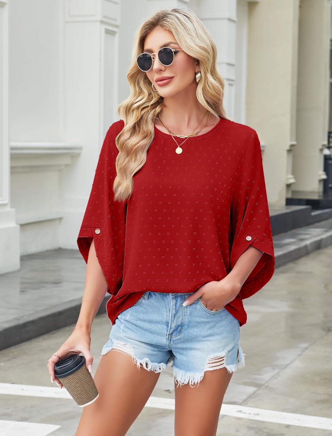 JUSTFASHIONNOW Womens Tops Dressy Casual 3/4 Sleeve Blouses Summer Tops 2025 Trendy Swiss Dots Shirts - Image 2