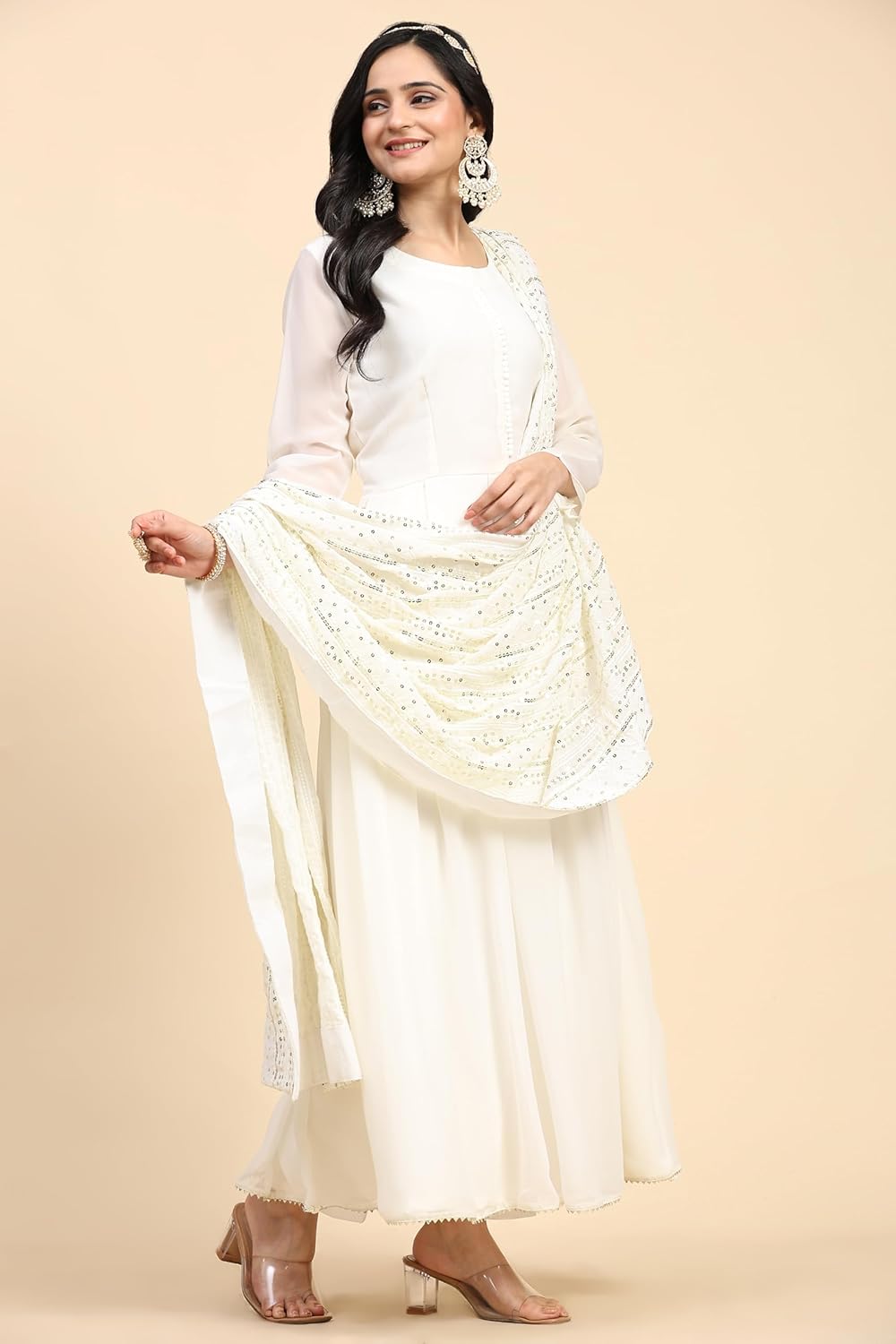 TRENDMALLS Women's Georgette Anarkali Kurta Pant with Embroidery Dupatta White - Image 4