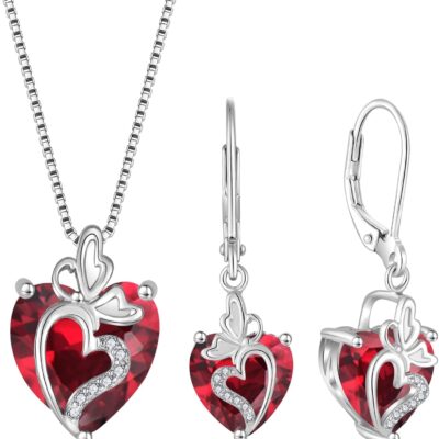 Butterfly Jewelry Set for Women 925 Sterling Silver Ruby Necklace and Earrings Set July Birthstone Jewellery Gifts for Her