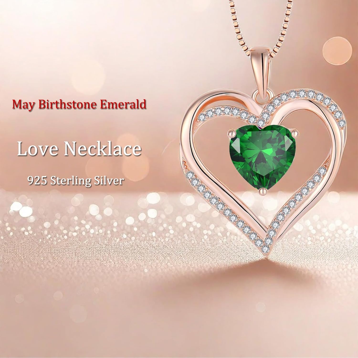 Heart Earrings Necklace Set 925 Sterling Silver Women Earrings 3A Cubic Zirconia May Birthstone Emerald Heart stone Dangle Drop Earrings Pendant for Women - Image 4