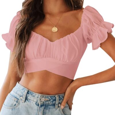 LYANER Women's Ruffle Short Sleeve Tie Up Back Crop Top Off Shoulder Bardot Blouse