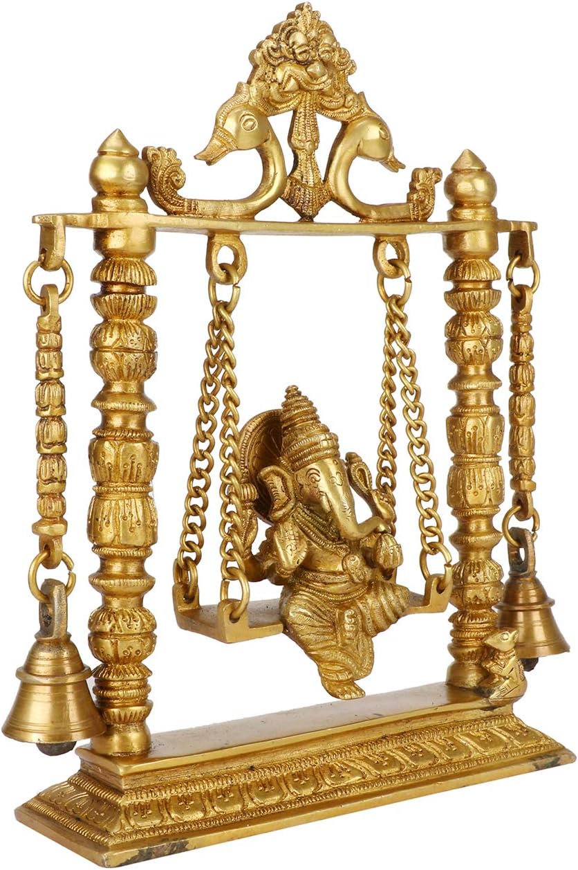 Kartique Brass Ganesh Jhula Idol on Swing - 10" Height, Antique Finish, Ideal for Home Decor, Puja, and Gifting - Image 2