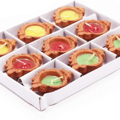 Set of 9 Wax Diya Diwali Decoration Item Gift Terracotta Colorful Handmade Earthen Decorative Clay Diya Wax Lamp Diwali Gift Box Navratri Puja Festival Lighting