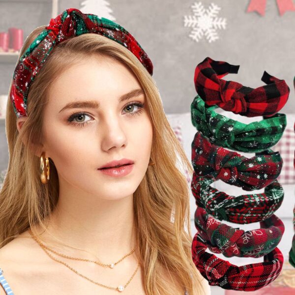 6PCs Christmas Knotted Plaid Headbands Fashion Vintage Turban Green Hair Band Retro Wide St. Patrick's Day Headband for Women Girl Christmas Hair Accessories (D-6PCs) - Image 5