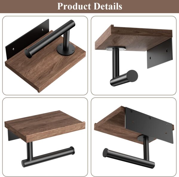 Tindbea Toilet Paper Holder with Wood Shelf, Wooden Wall Mount Tissue Paper Roll Holder, Matte Black Stainless Steel Bathroom Accessories Decor Household Home Apartment Restroom Essentials (Walnut) - Image 6