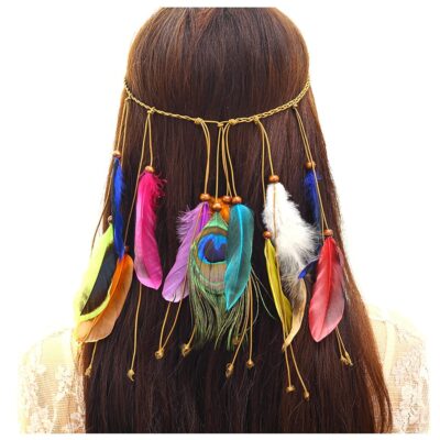 Feather Headband Hippie Indian Boho Hair Bands Tassel Bohemian Halloween Hair Hoop Women Crown Hairband Party Decoration Headdress Cosplay Costume Headwear Headpiece Cute Hair Accessories Colorful