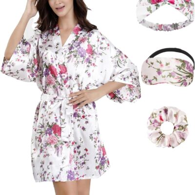 EPLAZA Women Floral Satin Robe Bridal Dressing Gown Wedding Bride Bridesmaid Kimono Sleepwear