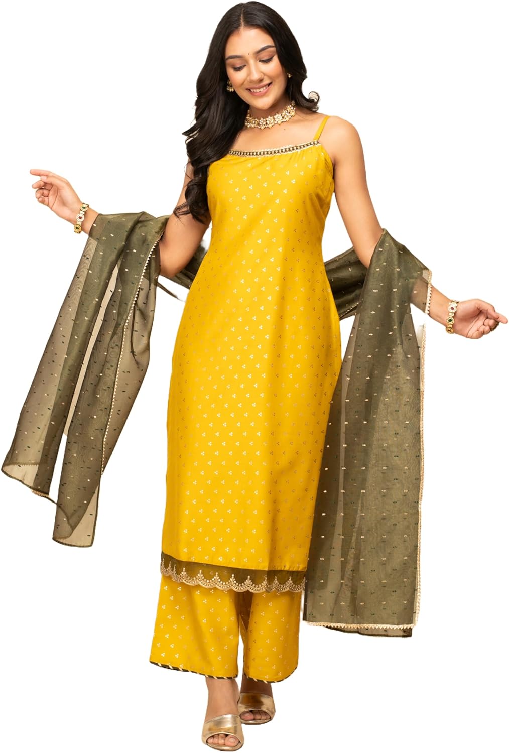 Women's Yellow Silk Blend Straight Kurta With Palazzo And Dupatta - Image 4