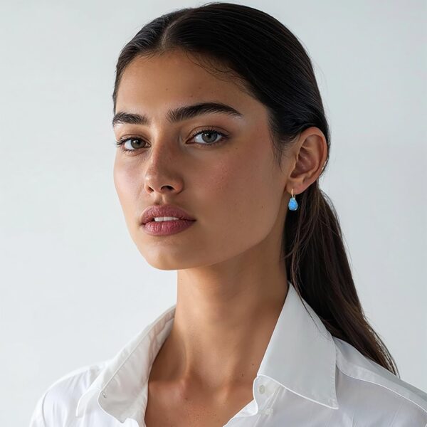 14K Gold Blue Opal Teardrop Earrings - 14K Solid Yellow Gold Pear Shape Drop Earrings with Dangle October Birthstone, Medium Size 7x10mm Blue Opal Gemstone Jewelry - Handmade Gift for Classy Women - Image 2