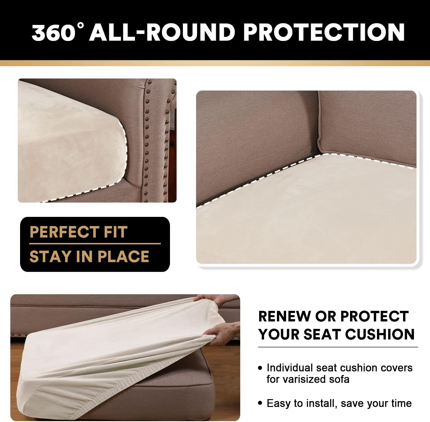 PrinceDeco Stretch Velvet Couch Cushion Covers for Individual Cushions Sofa Cushion Covers Seat Cushion Covers, Sofa Covers Washable, Couch Seat Cushion Covers for Sectional Couch(1 Piece, Ivory) - Image 7