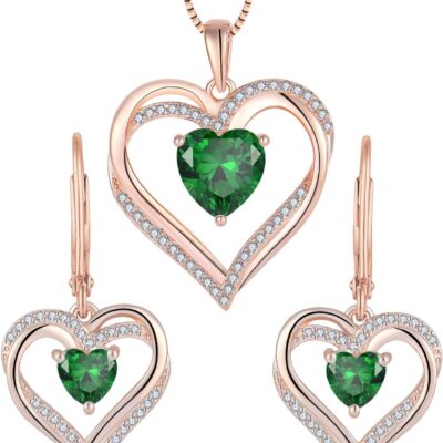Heart Earrings Necklace Set 925 Sterling Silver Women Earrings 3A Cubic Zirconia May Birthstone Emerald Heart stone Dangle Drop Earrings Pendant for Women