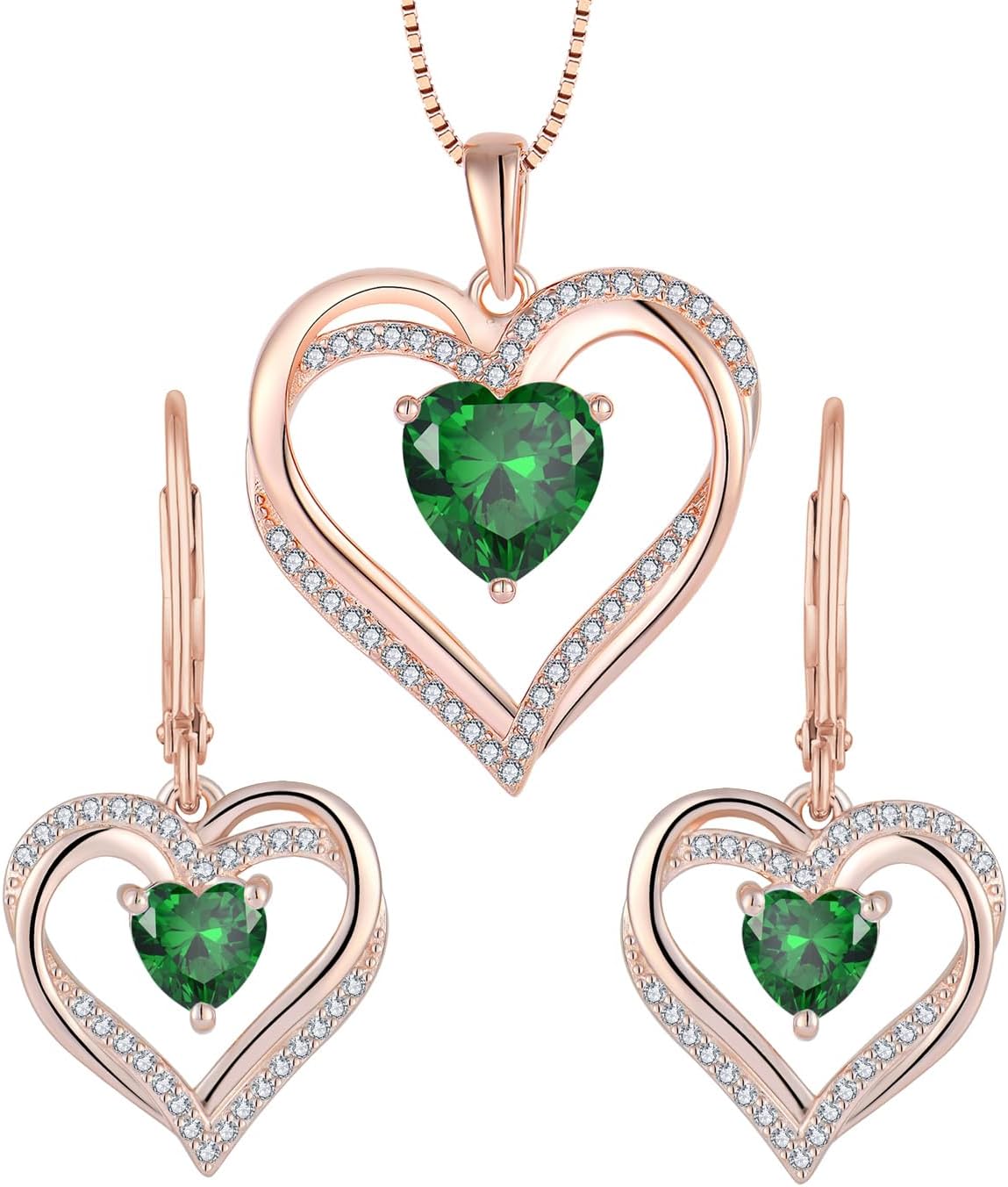Heart Earrings Necklace Set 925 Sterling Silver Women Earrings 3A Cubic Zirconia May Birthstone Emerald Heart stone Dangle Drop Earrings Pendant for Women