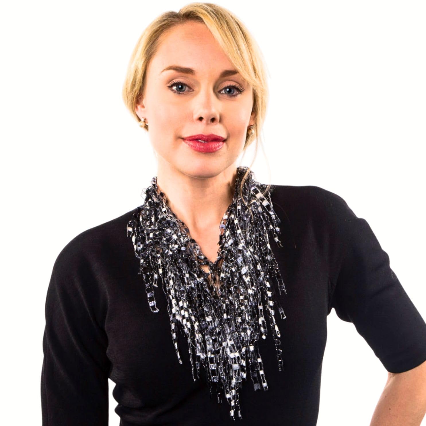 Womens Scarf Lightweight - Black and White Scarf for Women - Long Black White Statement Necklace Jewelry- Scarf for Dresses Elegant - Black Infinity Scarf (Black and White) - Image 5