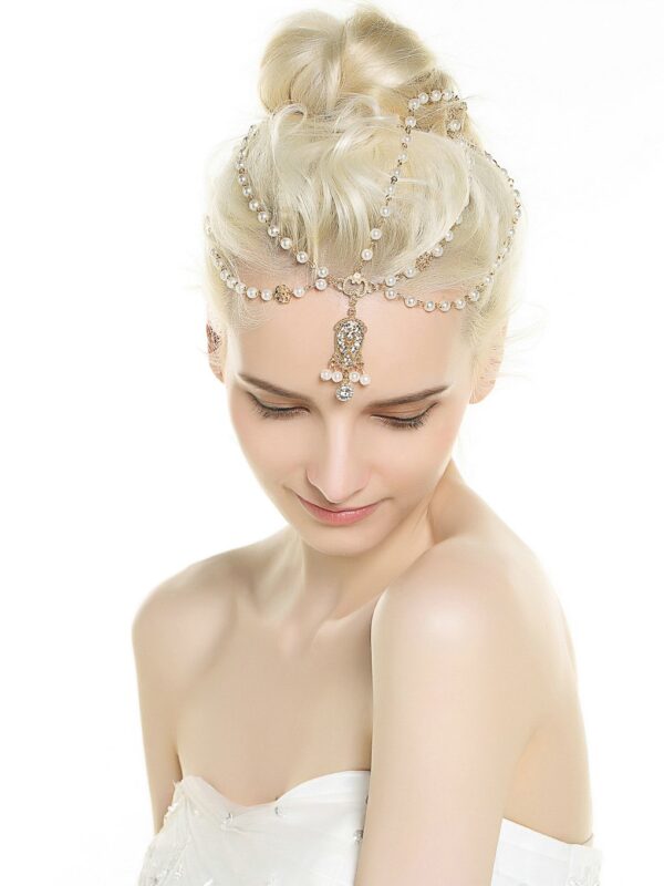 Aukmla White Indian Chain Hair Jewelry Boho Festival Egyptian Head Chain Pendant Headpiece Beads Gold bridal Hairstyle Pearls Christmas for Women and Girls - Image 6