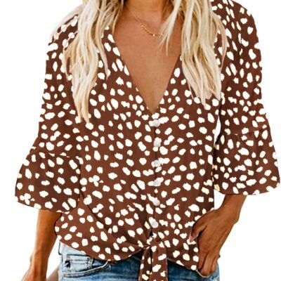 Kancystore Womens Button Down V Neck Tie Knot Front Tops 3/4 Sleeve Chiffon Casual Blouse Shirts