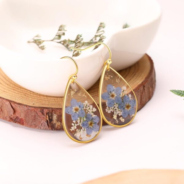 Forget-Me-Not and Queen Anne's Lace Pressed Wildflower Earrings | Drop Dangle Earring For Women Girls | Pressed Flower Teardrop Earrings Dry Flowers | Personalized Handmade Earrings | Gift for Woman - Image 2