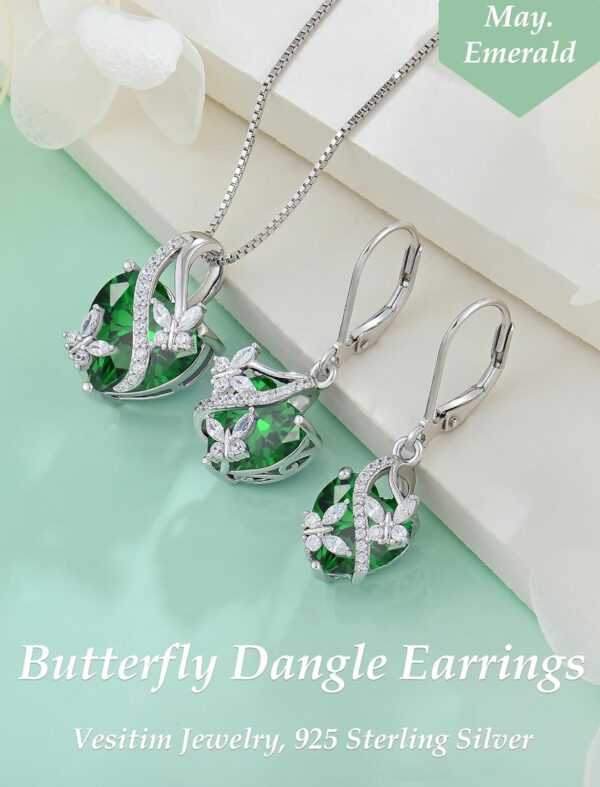 925 Sterling Silver Butterfly Earrings Necklace Created Emerald Heart Jewelry Set - Image 3