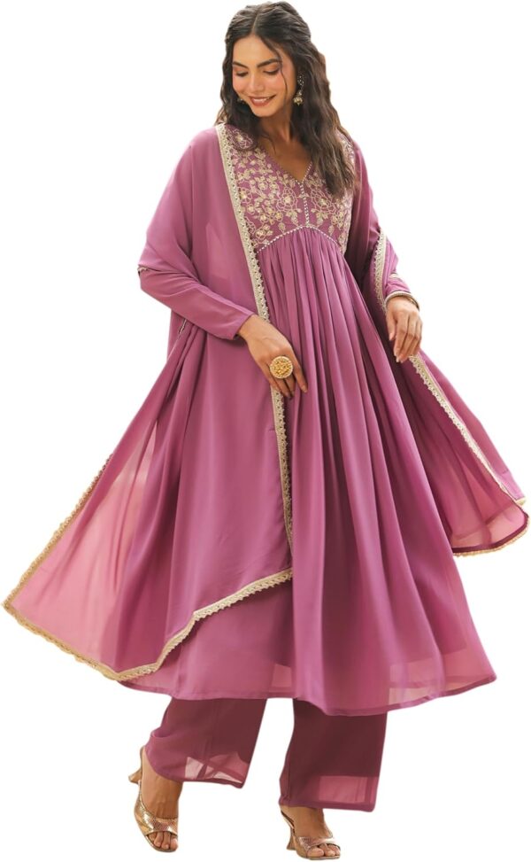 Janasya Indian Women's Georgette Yoke Embroidered A-Line Kurta Set