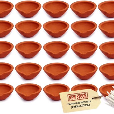 SATVIK Clay Diya 25 Pc Set Diwali Dia with Cotton Wicks for Puja Pooja Traditional Handmade Terracotta Earthen Vilakku Oil Lamp Diyas Natural Mitti Welcome Deepawali Decoration Indian Gift Items
