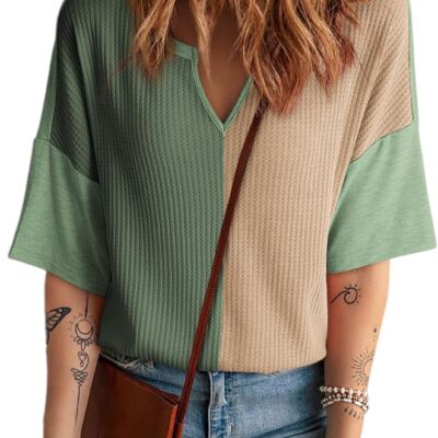 Dokotoo Womens Summer Tops Fashion 2025 Half Sleeve Waffle Knit Shirts Casual V Neck Colorblock Patchwork Blouses
