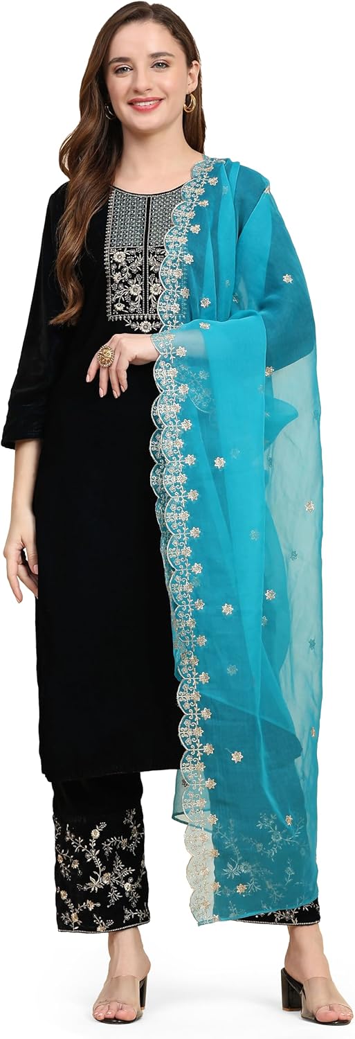 TRENDMALLS Women's Velvet Embroidery Salwar Suit Set Kurta Pant with Dupatta