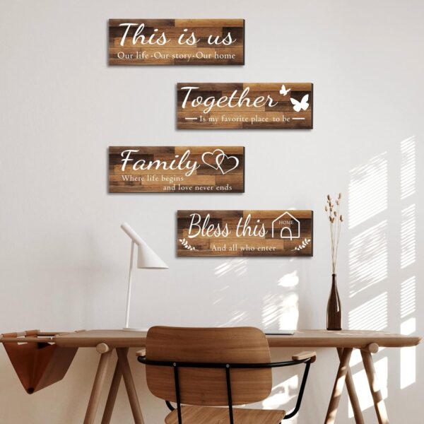 4 Pieces Home Wall Signs, THIS IS US/TOGETHER/BLESS THIS HOME/FAMILY Wall Decor For Living Room Bedroom, Rustic Wooden Farmhouse Wall Art , 4.7 x 13.8 Inch(Brown) - Image 3