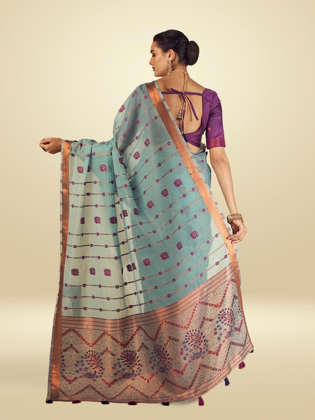 Mysha Cotton Saree, Peacock and Floral Motifs, Unstitched Blouse, - Image 4