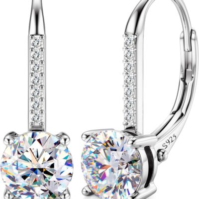 Moissanite Earrings for Women Hypoallergenic Drop Dangle Earrings D Color Round Cut Earrings 18K Yellow Gold Plated S925 Sterling Silver Earrings 1.0ct-2.0ct Leverback