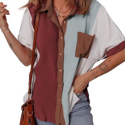 Dokotoo Blouses for Women Spring Summer Color Block V Neck Button Down Short Sleeve Shirts Casual Split Hem Tops with Pockets