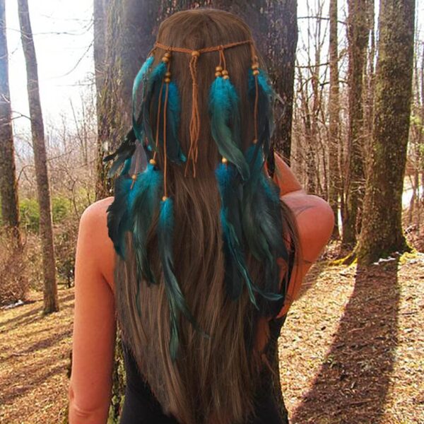 CAKURE Boho Feather Headbands Indian Gypsy Costume Feather Headpiece Blue Hippie Headband Hair Band Festival Headdress Handmade Feather Hair Accessories (Type A) - Image 3