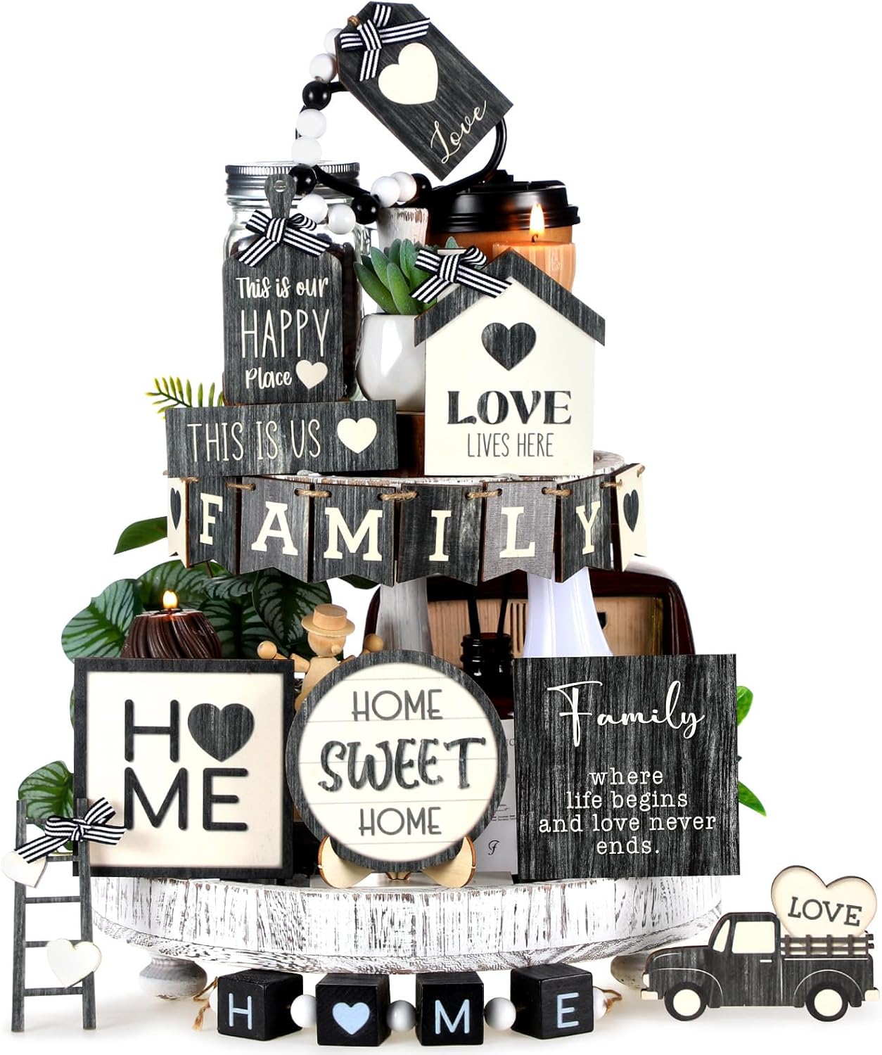 Mifoci 18 Pcs Farmhouse Tiered Tray Decor Home Wooden Signs Rustic Sweet Home Vintage Home Tabletop Spring Summer Table Centerpiece Black White Car Wood Block for Home Kitchen Table Bar Housewarming