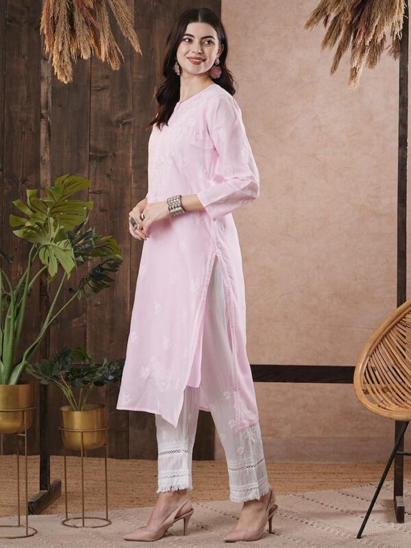 Ada Indian Hand Embroidered Chikankari Straight Cotton Blend Kurta Kurti Tunic Kameez for Women A208470 - Image 4