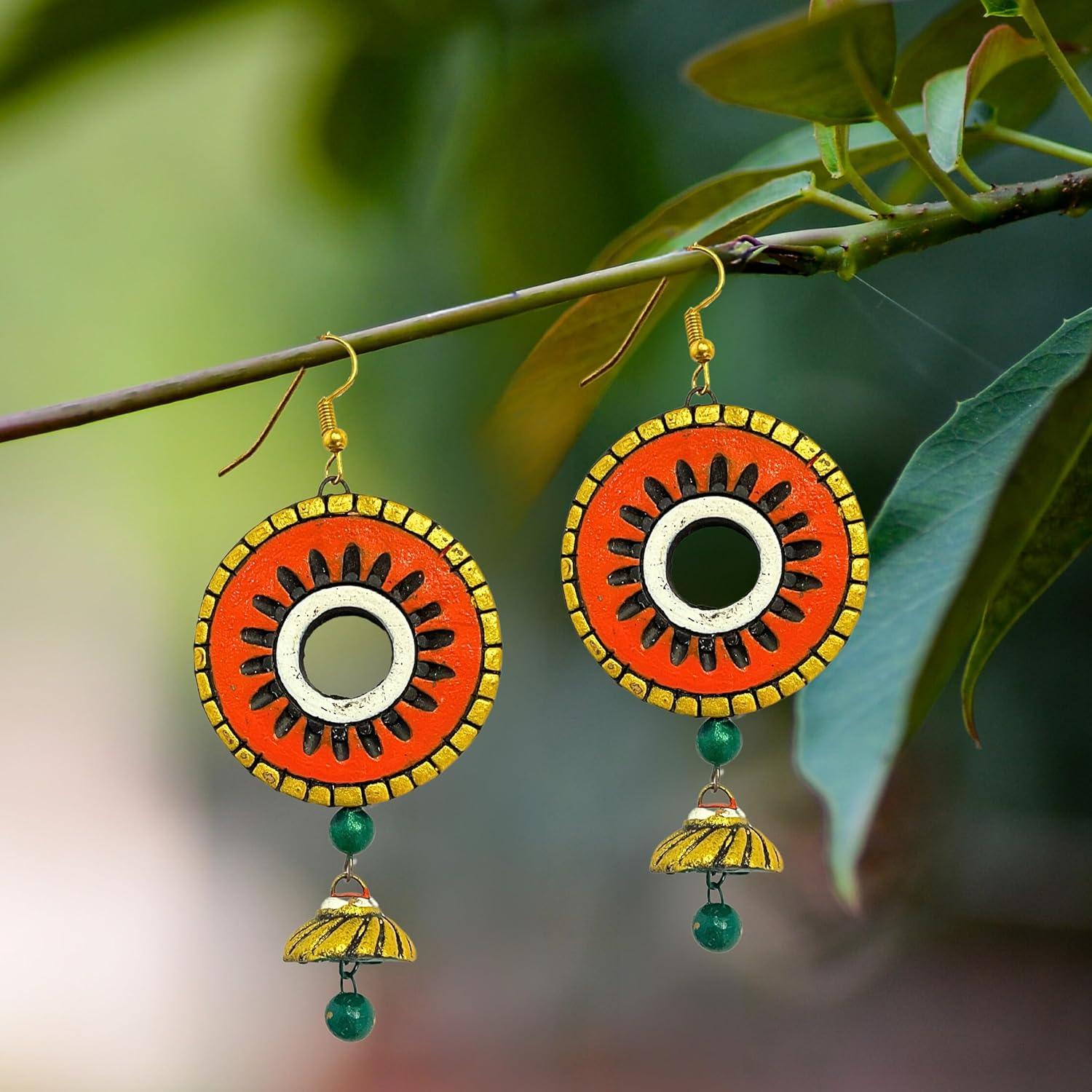 Ethnic Handmade Handcrafted Terracotta Attractive Indian Jhumki Earring Jewellery Set for Women hook earrings (ORANGE ROUND) - Image 2