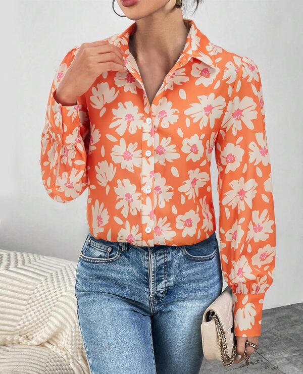 Womens Button Down Shirts Lantern Long Sleeve Dressy Casual Floral Printed Tops Chiffon Boho Trendy Blouses - Image 5