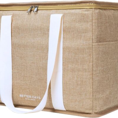 Reusable Insulated Grocery Bag - Leak Proof, Large Insulated Cooler Bag - Insulated Shopping Bags for Groceries - Travel Cooler Bag for Frozen and Hot Food with Zippered Top - for Picnic (Jute Cream)