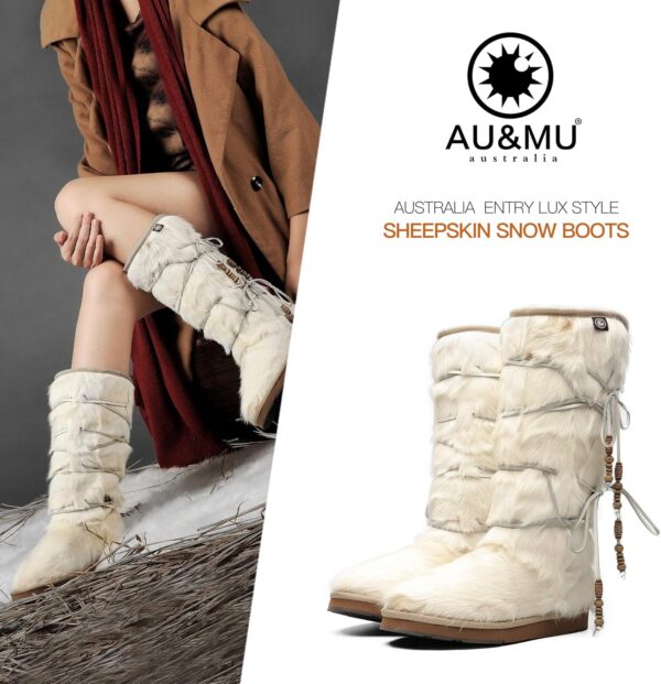 AU&MU Aumu Womens Comfort Suede Fur Shearling Stylish Knee High Winter Snow Boots Women Sheepskin - Image 2