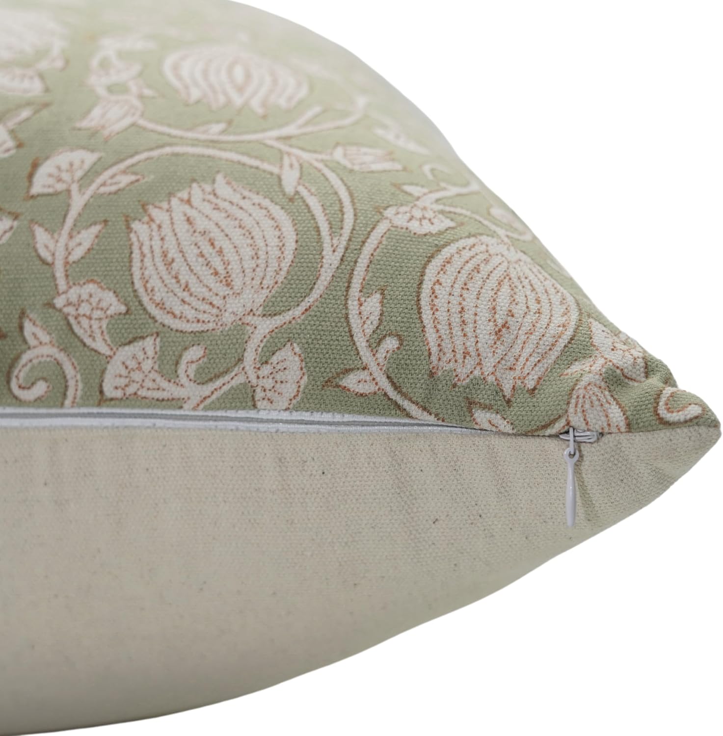 Handmade Block Print 14x14 Inches Cotton Throw Pillowcase Cushion Cover with Invisible Zipper for Sofa, Couch, Fall, Christmas Decoration, Farmhouse, Six Kamal, Light Green - Image 3