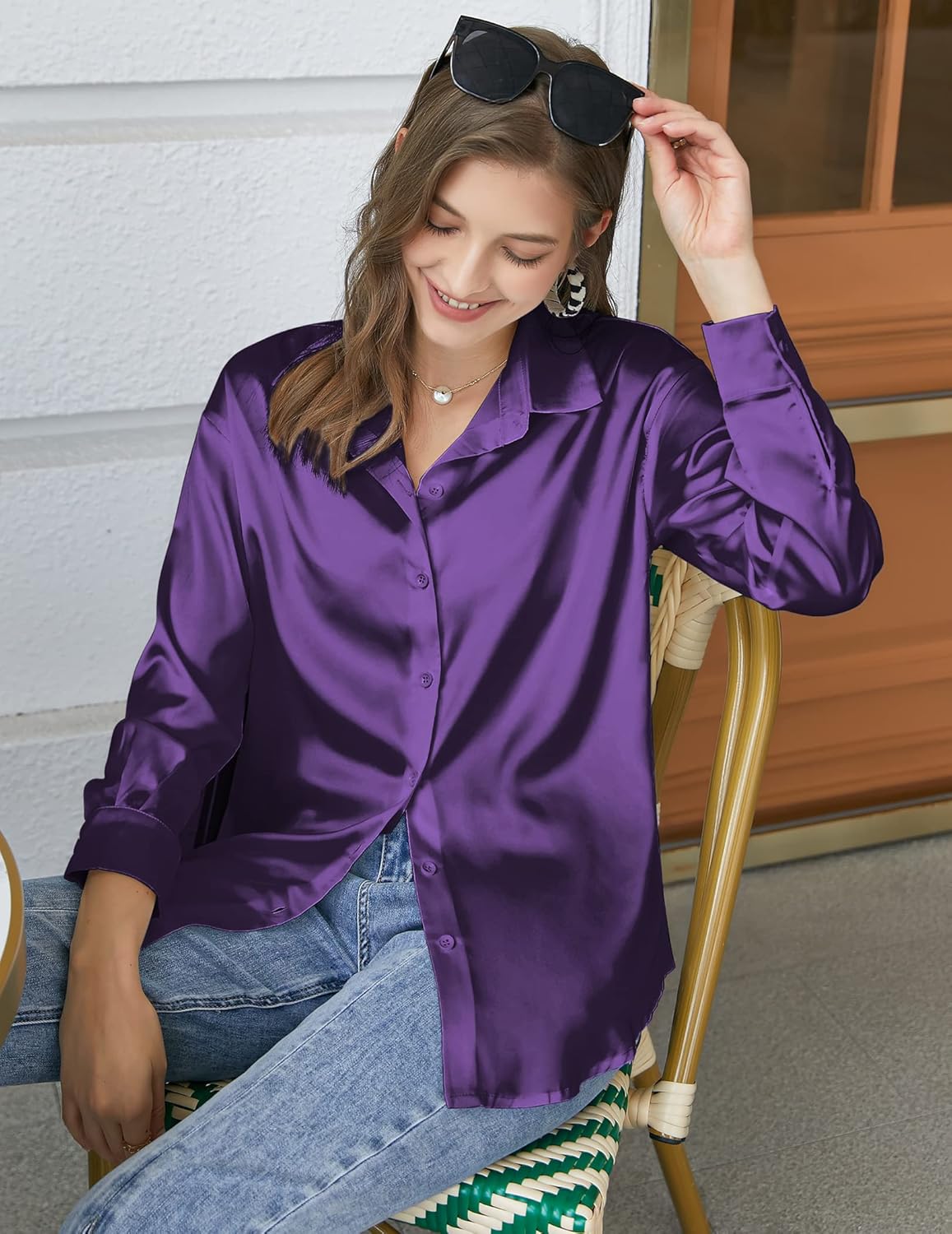 Chigant Women's Blouse Satin Silk Shirts Button Down Shirts Casual Loose Long Sleeve Office Work Tunic Tops - Image 2