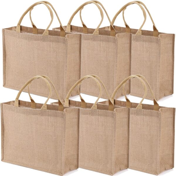 6 Pack Jute Tote Bag Reusable, Burlap Beach Bags with Sturdy Rounded Handles, Sturdy Base Gym Shopping Travel Bag for Women, Mom, Teachers, Friends, Bridesmaids, 15.4''x12.2''x5.9''