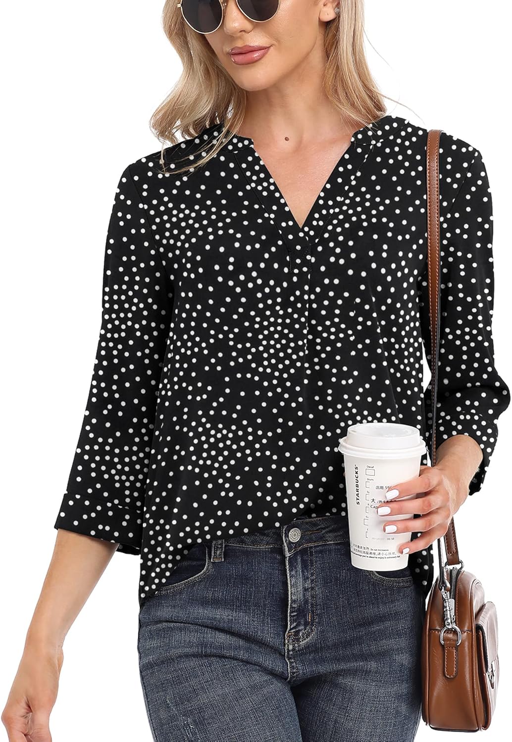 VIISHOW Womens Tops Casual Chiffon Blouses Tops 3/4 Sleeve V Neck Tunic Top Loose Shirt