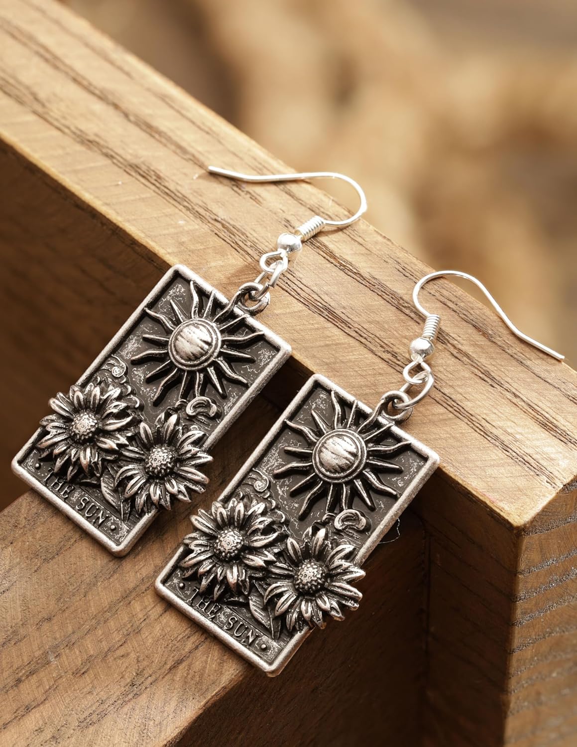HAQUIL Vintage Antique Sun Floral Sunflower Rectangle Dangle Drop Earrings Jewelry Gift for Women - Image 2
