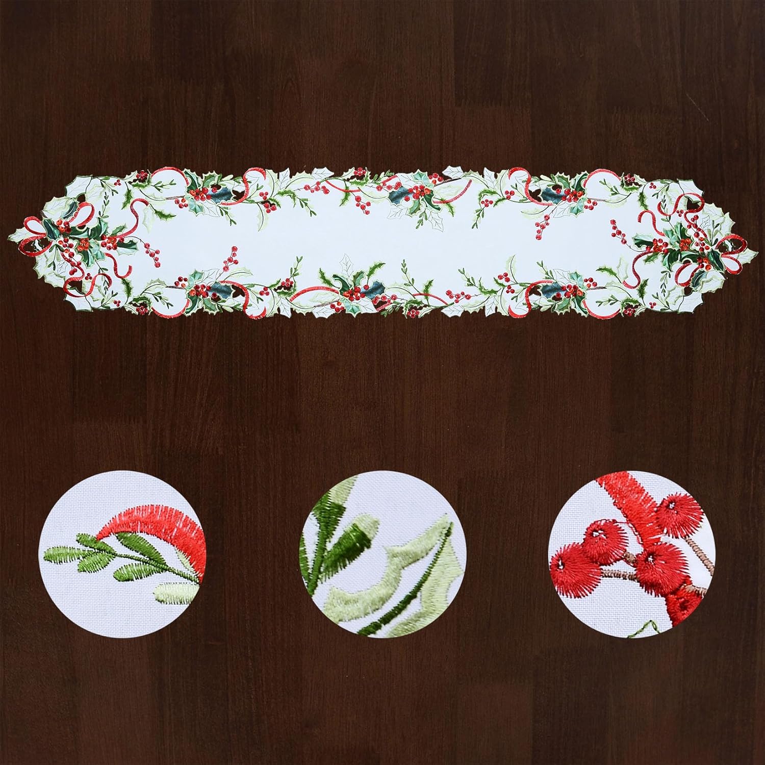 Grelucgo Embroidered Holly Leaves Table Runner for Christmas Holiday (14x70 inches) - Image 3