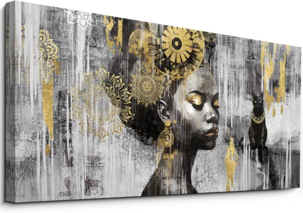 yiijeah Large Black and Gold Wall Decor - Black Girl Wall Art - Canvas Picture Artwork for Walls - Szie 30x60 Inches Gold Wall Decor for Living Room Home Office