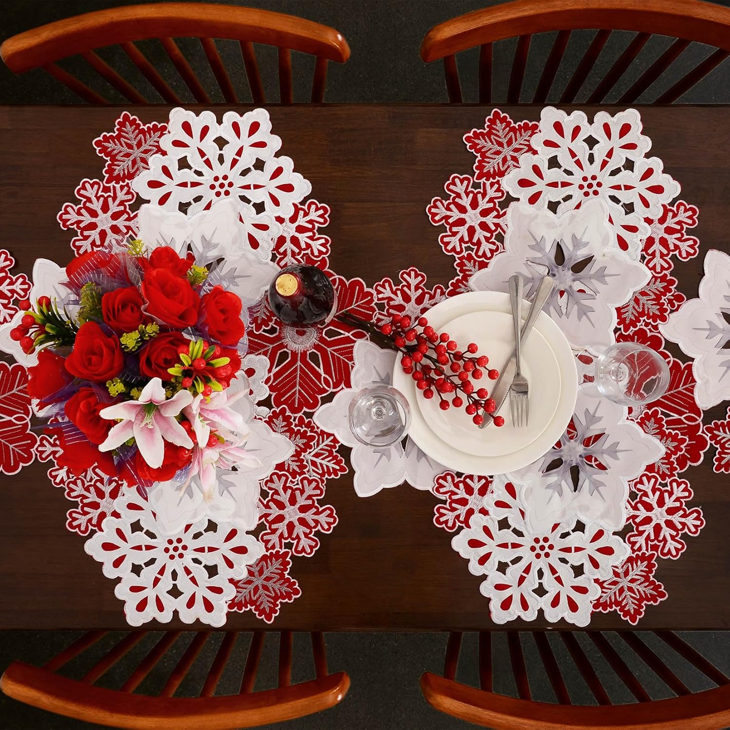 Grelucgo Embroidered Red, Silver and White Snowflake Table Runner, Christmas Party Decor, Winter Holiday Decorations (14x107 inches) - Image 4