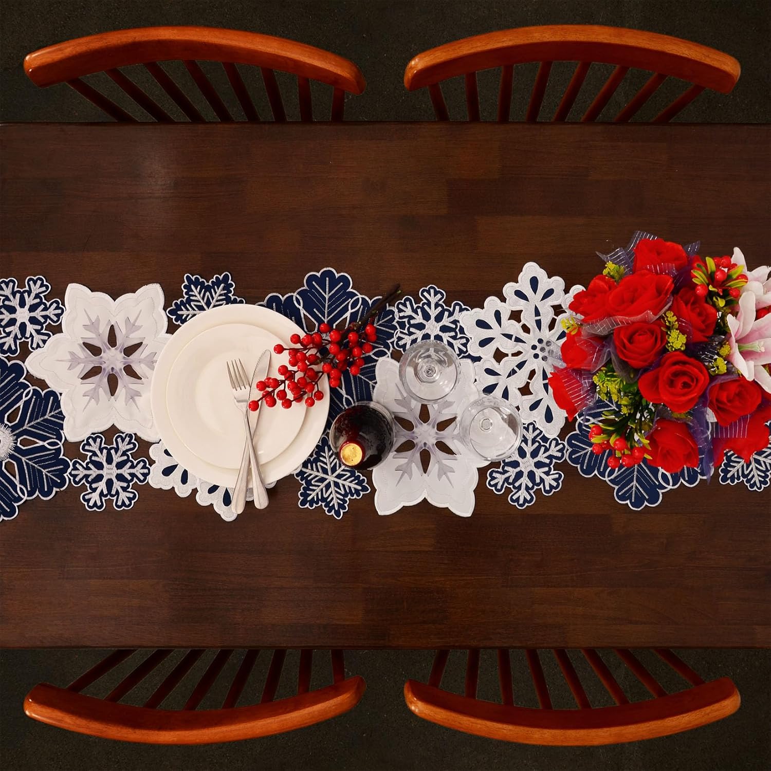 Grelucgo Embroidered Navy Blue Snowflake Table Runner, Christmas Party Decor, Winter Holiday Decorations (14x107 inches) - Image 4