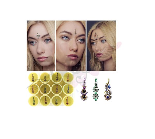 IS4A Long Multicolored Crystal Bindis Tattoo Stickers Adhesive Body Jewelry Multi Size Forehead Indian Daily Use Bindi (Set of 12) - Image 2