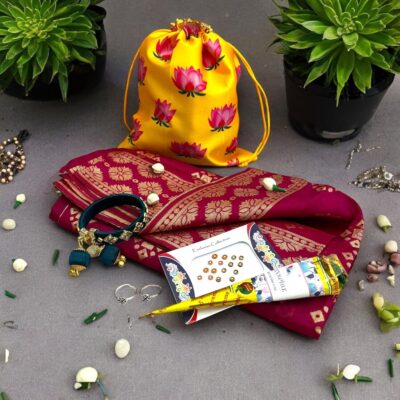 LOVENSPIRE Karva Chauth Gift Hamper Navaratri Varalakshmi Vratham Karwachauth Teej Puja Housewarming Return Gifts - 925 Sterling Silver Toe Rings Pair Potli Bag Dupatta Bangle Bindi Mehndi Cone