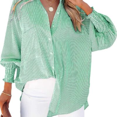 Women's Smocked Cuffed Striped Boyfriend Shirt with Pocket Casual Collar Long Sleeve Blouse Tops for Pocket Shirred